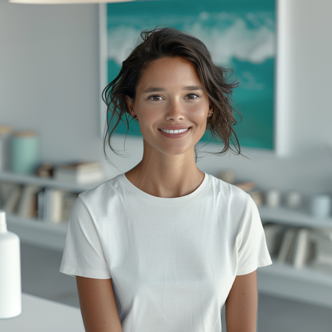 A smiling woman with long, wavy hair, wearing a plain white t-shirt, standing indoors in a modern, bright space with bookshelves and decorative items in the background.