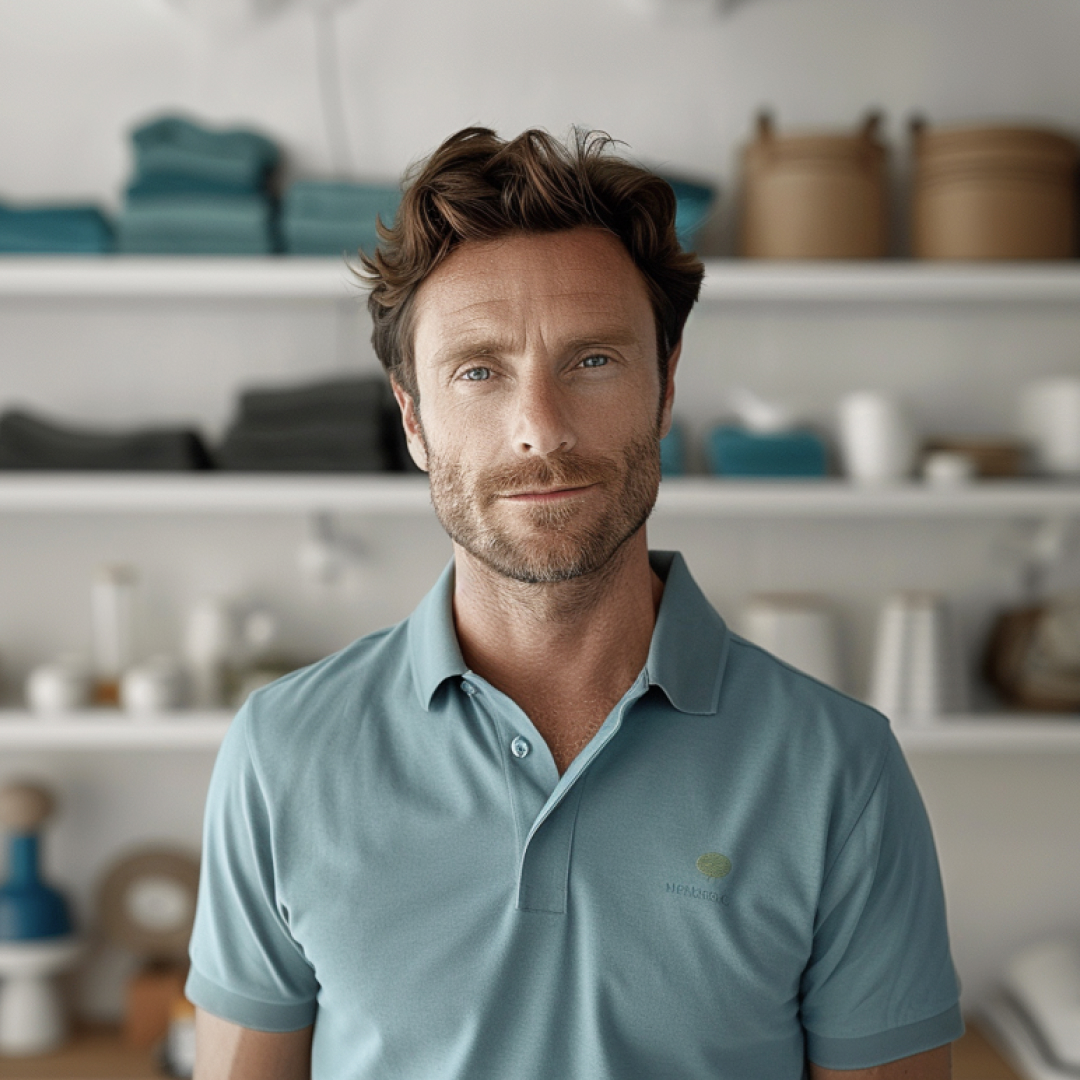 A man with wavy brown hair, wearing a light blue polo shirt, smiles while standing in front of a shelf filled with various home goods.