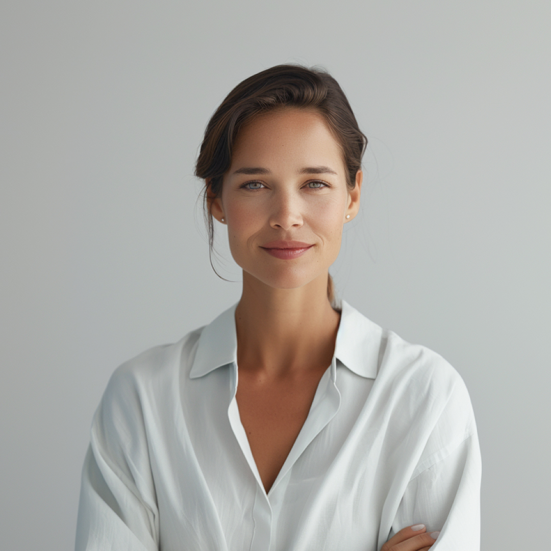 A woman with wavy brown hair, wearing a light gray shirt, smiling softly against a plain light background.